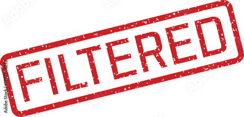 A distinctive red FILTERED word is prominently displayed within a grungy rectangular rubber stamp on white