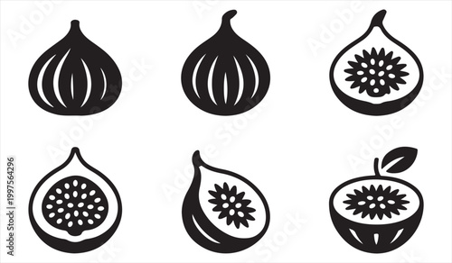 Fig fruit silhouettes set featuring whole and sliced figs in minimal style