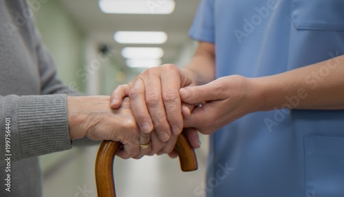 Obraz na płótnie A close-up of a nurse or caregiver holding the wrinkled hand of an elderly patient who is holding a wooden walking cane in a hospital corridor