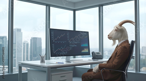 Anthropomorphic goat in business suit analyzing stock market data on computer screen in modern high-rise office.