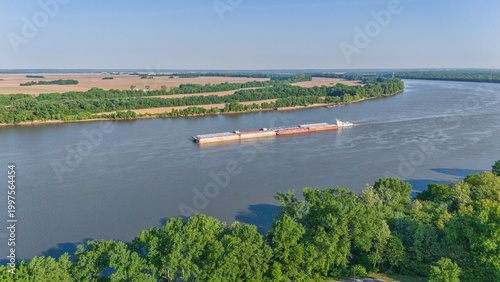 Obraz na plátně Aerial Drone View of a Towboat Pushing Barges on the Ohio River at Henderson Ken