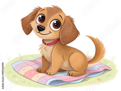 Cute Cartoon Puppy Sitting on Colorful Blanket Outdoors