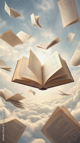 Open books flying through cloudy sky. Surreal scene of literature and knowledge floating above clouds.