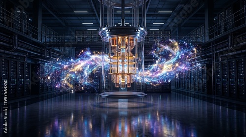 Professional interacts with digital interface featuring a central quantum processor surrounded by data energy streams, highlighting high-performance computing and cybersecurity infrastructure.