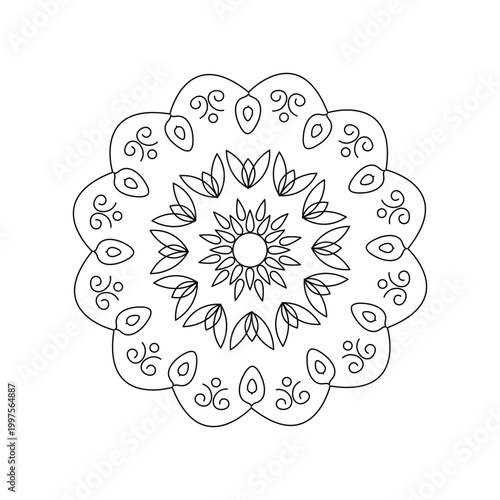 Elegant floral mandala circular ornament black and white line art vector