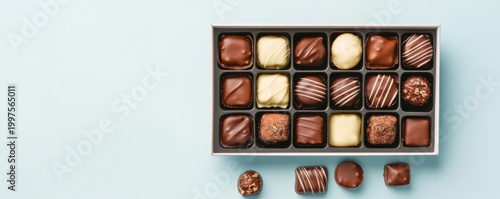 Top view Elegant box of assorted milk, dark, white chocolates, some spilled, against a light blue backdrop. Gourmet selection for sweet indulgence or gift. Chocolate, Pralines
