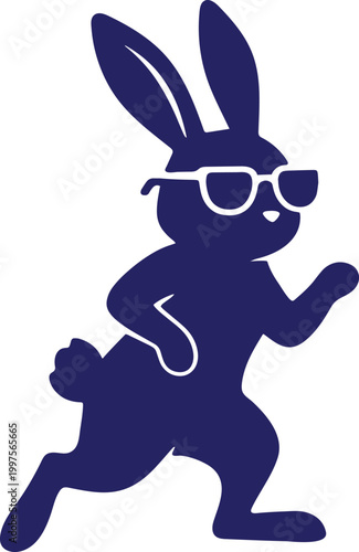 Dark blue cartoon rabbit wearing sunglasses and running.