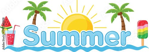Vibrant summer graphic with palm trees sun popsicles and blue waves on a white background with colorful fun