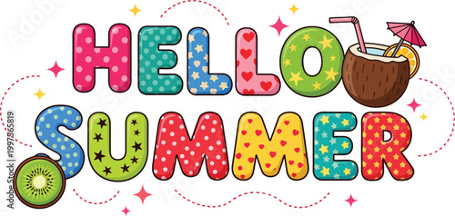 Hello summer colorful text with kiwi and cocktail illustration
