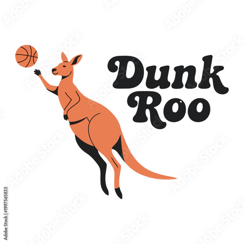 Orange kangaroo dunking basketball with text black