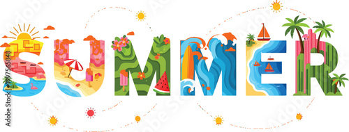 Vibrant colorful illustration of the word summer with tropical beach and palm tree elements in a fun playful style