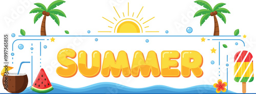 Vibrant summer themed graphic with palm trees and beach elements warmly welcoming the season