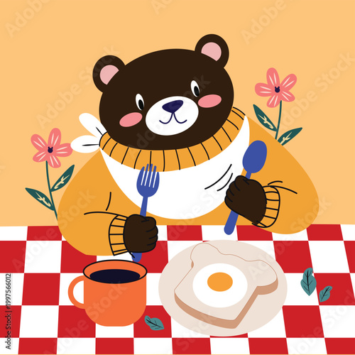 cute illustrated teddy bear character sitting at a breakfast table