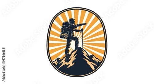 Hiker reaching summit silhouetted against sunburst emblem