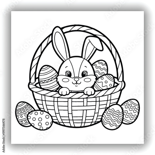 Cute Easter Bunny in Basket with Decorative Eggs Coloring Page