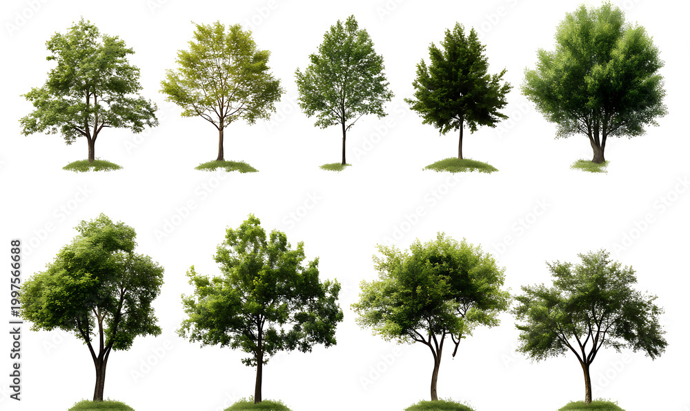 Fototapeta premium Assortment of green trees with detailed leaves on transparent background. png.
