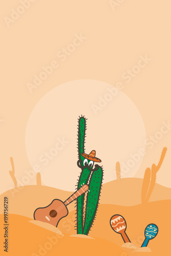 Kawaii Cinco de Mayo greeting card template with cute Mexican cactus