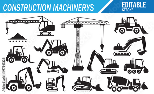 Industrial Construction Machinery Outline Icons on White Background