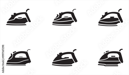 Household ironing appliance icons in minimal black silhouette style