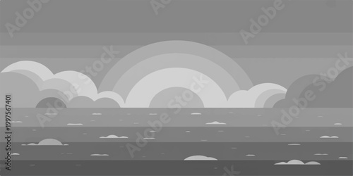 A minimalist landscape design showcases the serene intersection of sky and sea. Featuring stylized cloud formations, a monochromatic palette.