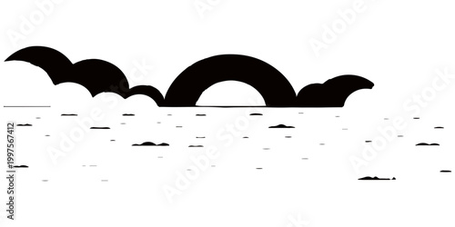 Black and White stylized illustration of sun rising over sea, the perfect choice for projects seeking a touch of artistic elegance. 