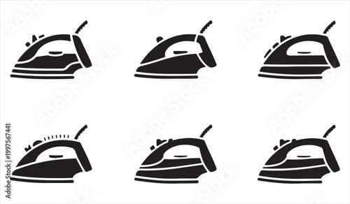 Electric iron silhouettes set for laundry and garment care concepts