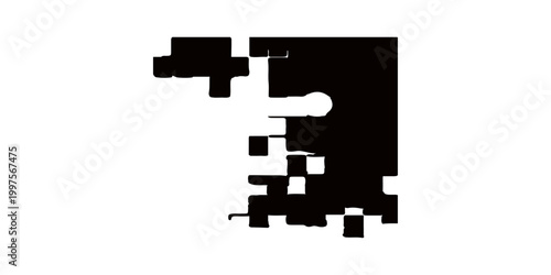 Abstract digital disruption symbol or logo in black on a white background, representing data loss or corruption, modern digital transformation and technological breakdown, and online concept.