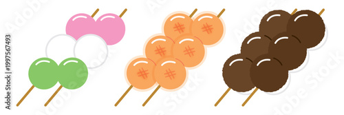 和菓子の団子セット（三色・みたらし・あんこ）フラットイラスト