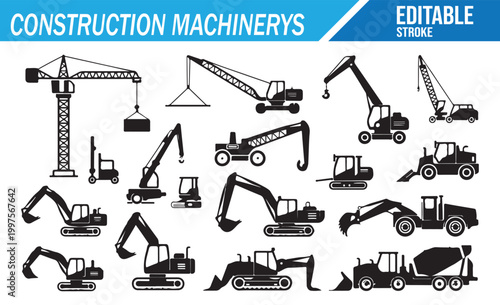 Heavy Construction Equipment Collection with Cranes and Excavators