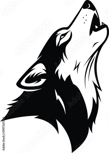 Howling wolf head black and white illustration isolated on transparent background