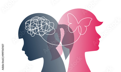 Mental health therapy concept with tangled line forming female head silhouette. Brain psychology illustration showing disorder, stress treatment and mind balance journey.