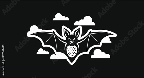 Charming cartoon bat with clouds isolated on transparent background halloween illustration