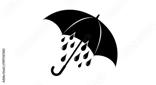 Black umbrella with falling raindrops silhouette.