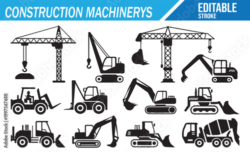 Construction Machinery and Heavy Equipment Black Line Icon Set