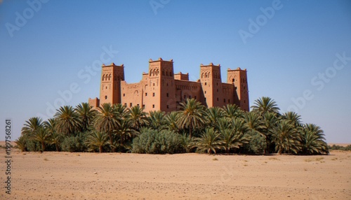 Canvas-taulu A picturesque clay-built kasbah nestled within a lush green palm oasis, rising out of the arid landscape of the Moroccan desert under a clear blue sky