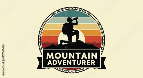 Mountain explorer logo silhouette on retro sunset background