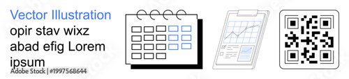 Business planning, data analysis, schedule management, digital tools, barcode scanning, tech workflow. Set includes a calendar, clipboard with graph and QR code. Business planning and data analysis