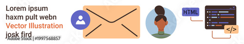Digital communication, user identity, software development, coding, messaging, IT services. Envelope, coding interface and user symbols. Digital communication and user identity in technology context