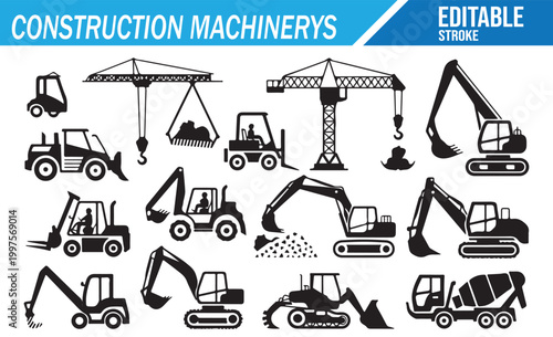 Construction Machinery Icon Set with Cranes Excavators and Heavy Equipment in Black Line Art