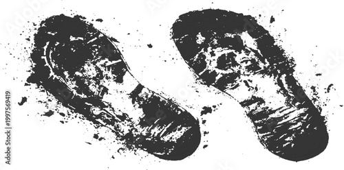 Muddy boot shoe prints tracks with dirt and ink splatter grunge texture background vector illustration.