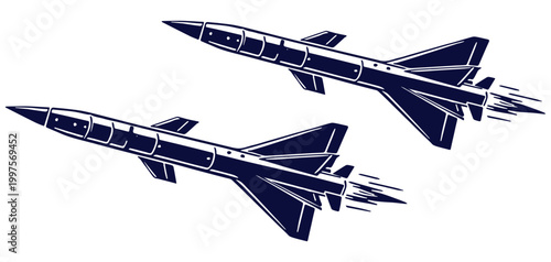 Vector silhouette illustration of two missiles launching in space