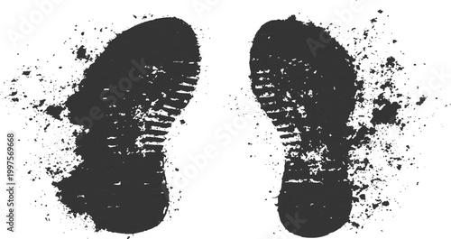 Muddy boot shoe prints tracks with dirt and ink splatter grunge texture background vector illustration.