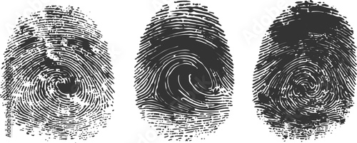 Detailed realistic human fingerprints with distressed grunge texture and biometric scanning concept vector illustration.