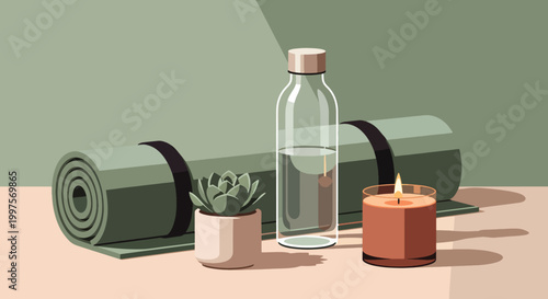 Still life of a rolled-up yoga mat, a potted succulent plant, a clear water bottle, and a lit candle on a table with a calming green background.