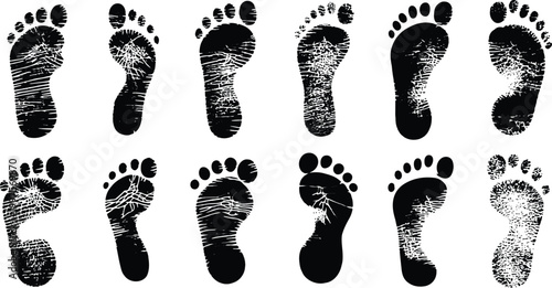 Collection of detailed bare human footprints and feet step stamps in various textures vector illustration.