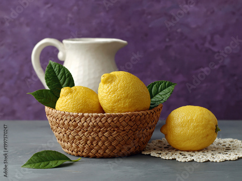 Fresh lemons in basket with leaves and jug
