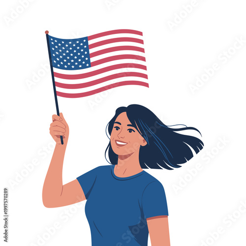 American patriotism woman waving us flag a vector illustration of national pride