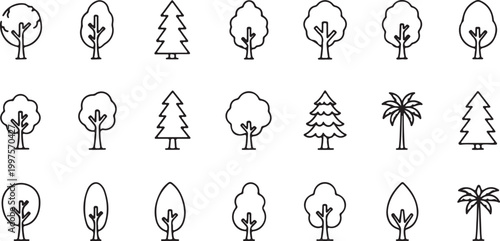 Collection of diverse tree icons in black and white