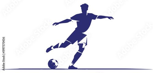 Vector blue silhouette illustration of a soccer player kicking a ball	