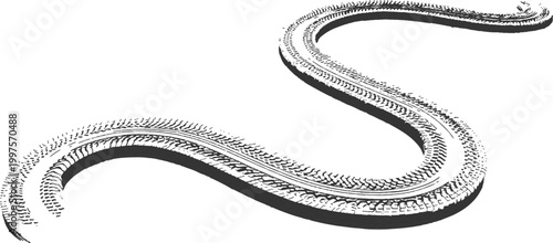 Grunge curving tire track skid mark from offroad vehicle in dirt sand texture vector illustration background. 